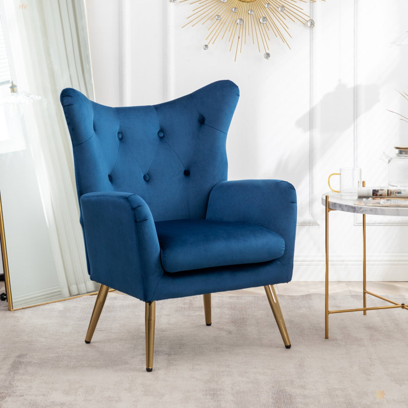 Fauteuil d'appoint à dossier capitonné en velours Sovarol, Velours bleu