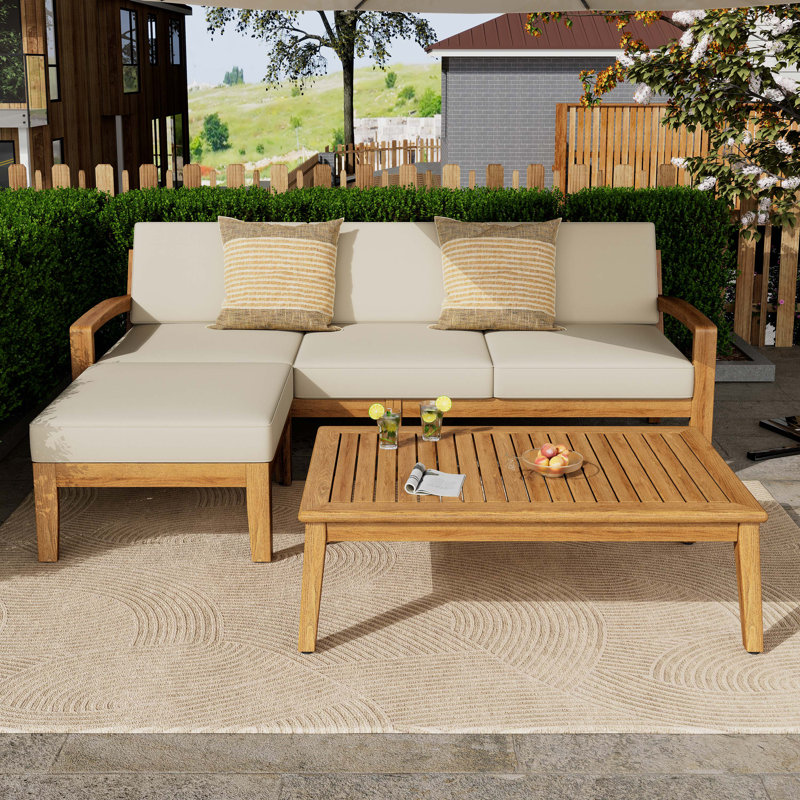 Tandon Acacia 3 - Person Patio Conversation Set with Cushions, Beige