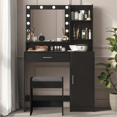 Bureau de coiffeuse avec miroir lumineux, commode de rangement à trois niveaux avec grand tiroir, 3 modes d'éclairage à luminosité réglable, coiffeuse de chambre à coucher (noir)