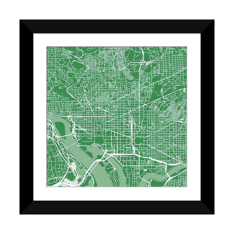 « washington d.c. routes », impression carrée sur toile tendue, H 16 po x l 16 po x P 1 po, Papier d'art encadré noir, Blanc