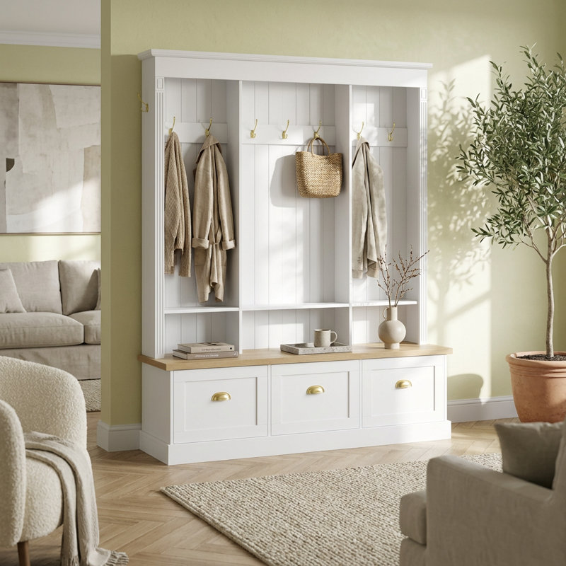 App-Controlled LED Illuminated Entryway Hall Tree with Storage Bench, Cabinets, and Shelves for Organized Home Entry, White