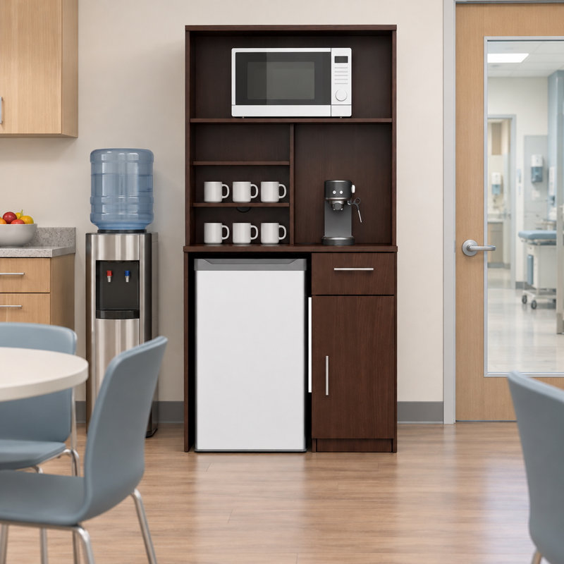Office Breakroom Refreshment Cabinet with Microwave Shelf & Mini Fridge Opening – Fully Assembled Commercial Coffee Station – 36" W x 24" D x 75" H