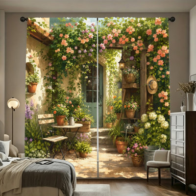 Rideaux filtrant la lumière à motif floral rustique 2 pièces avec décor de jardin charmant, ambiance de patio extérieur, conception facile avec passe-tringle, décoration de cuisine toutes saisons pour balcon