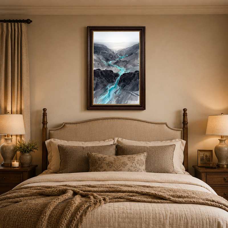 «Turquoise River Winding Through Gray Rocky Canyon», art mural, 18"H x 12"W