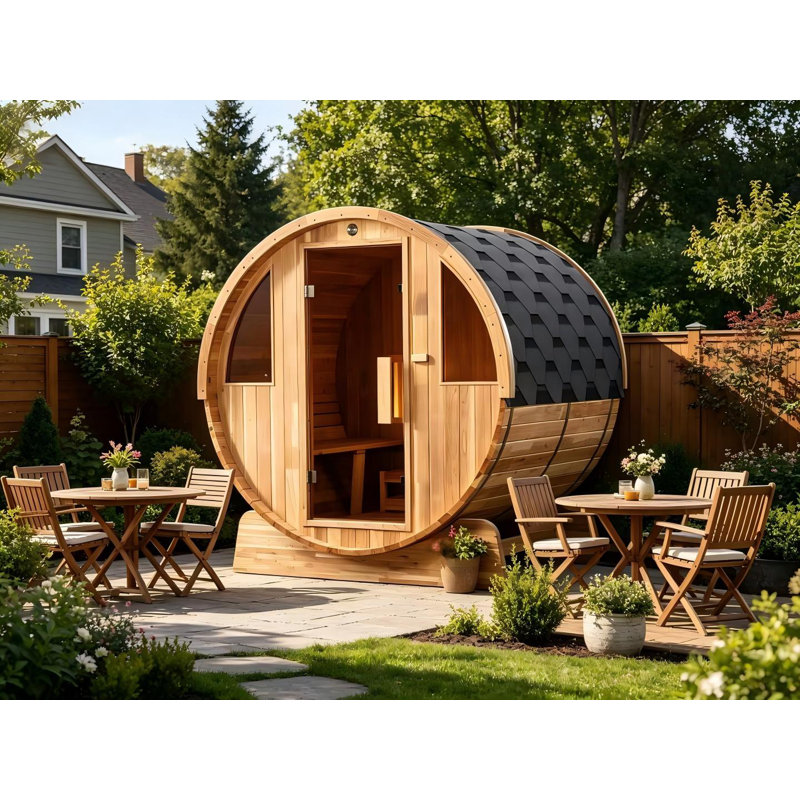 Hongyuan 4-Person Outdoor Barrel Sauna with Harvia 6KW Heater, Japanese Cedar Wood & Glass Door – Designed for Relaxation at Home or Vacation Retreats