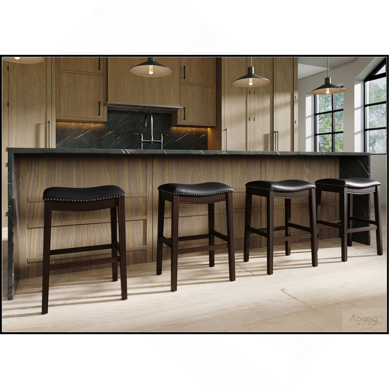 31 po H Tabouret de bar en bois à hauteur de bar avec siège en similicuir noir, 1 pièce, Noir / Espresso
