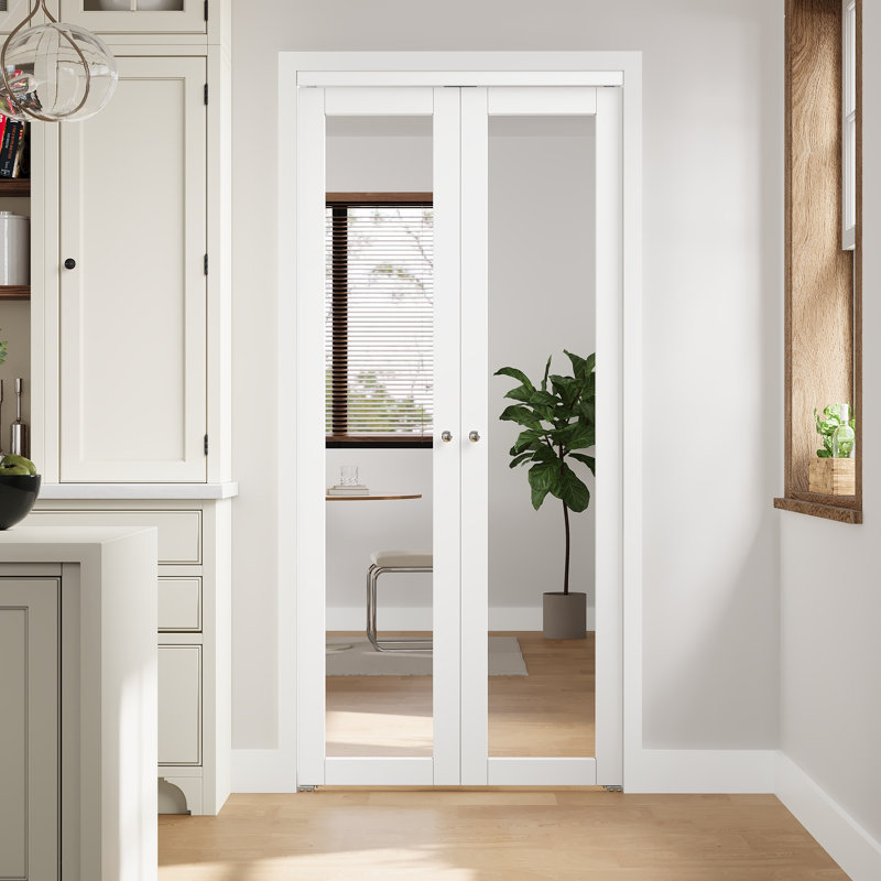 Porte pivotante de 96 po de hauteur, à la française ou pliante, avec miroir, en bois d'ingénierie massif et trousse de quincaillerie d'installation (placard-garde-manger)