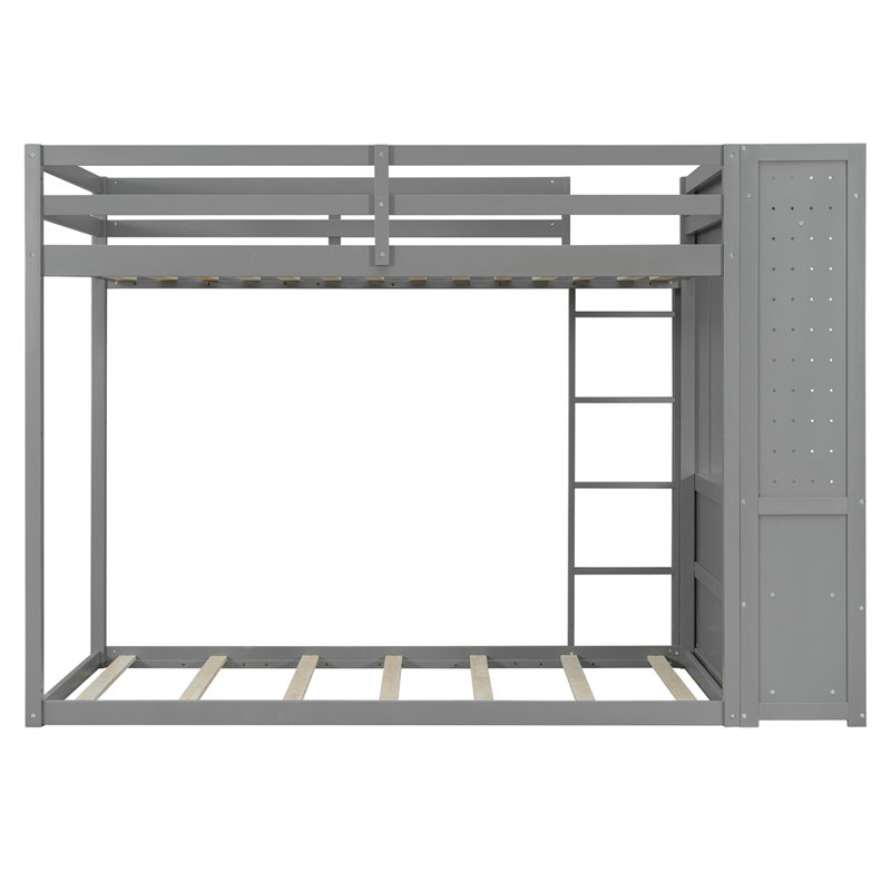 Lit superposé simple avec 4 tiroirs de rangement, rail suspendu, bande lumineuse et tablettes intégrées et 2 panneaux perforés, 3 couleurs disponibles