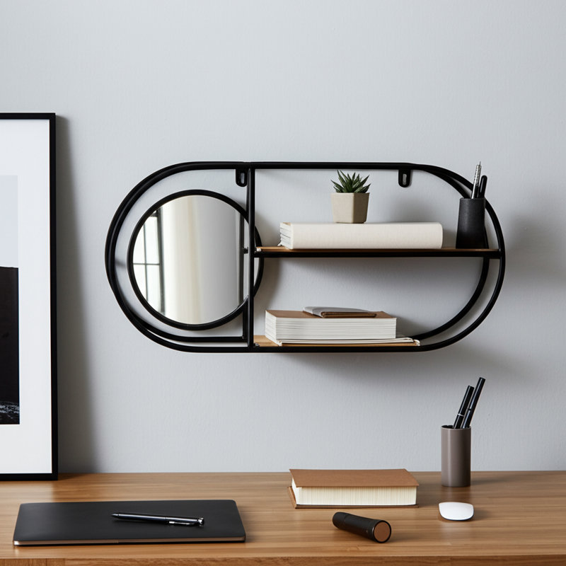 Casual Home Metal and Glass Wall Storage with Round Mirror, Iron Frame, Geometric Design and Dual Shelving