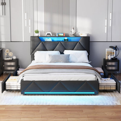 Marzee Bed Frame with Upholstered Storage Headboard and 4 Drawers