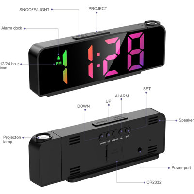 Projection Alarm Clock for Bedroom Ceiling, Digital Projection Clock with Adjustable Brightness & Snooze Function, USB Powered with Built-in Backup Button Battery, Display Time, Date, Year & Indoor Temperature