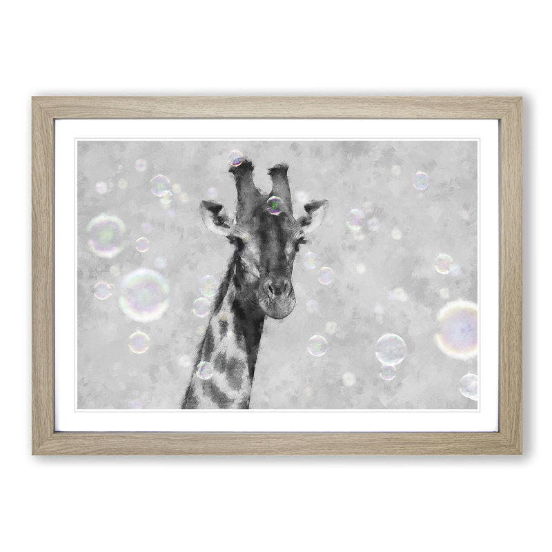 Giraffe Through The Bubbles - Single Picture Frame Painting on MDF, 62cm H x 87cm W x 2cm D, Oak Framed