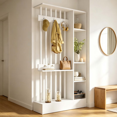 Freestanding Wood Room Divider with Coat Hooks & Open Storage Shelves, Vertical Slat Partition Screen, Entryway Hallway Separator Display Bookshelf, White Engineered Wood Partition for Living Room Studio