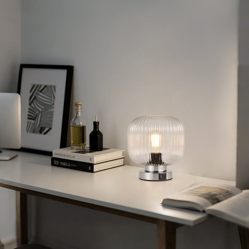 Touch Control Table Lamp With USB-C And USB-A Charging Ports, Glass Shade, Clear, Chrome