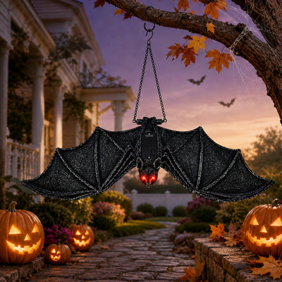 Solar Hanging Bat Halloween Outdoor Decor with Glowing Red LED Eyes and Metal Chains