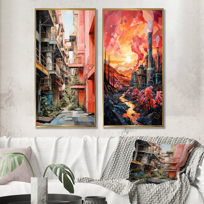 Peach Process Popart Factory - Factories Canvas Prints Set Of 2, Gold Framed, 32" H x 33" W