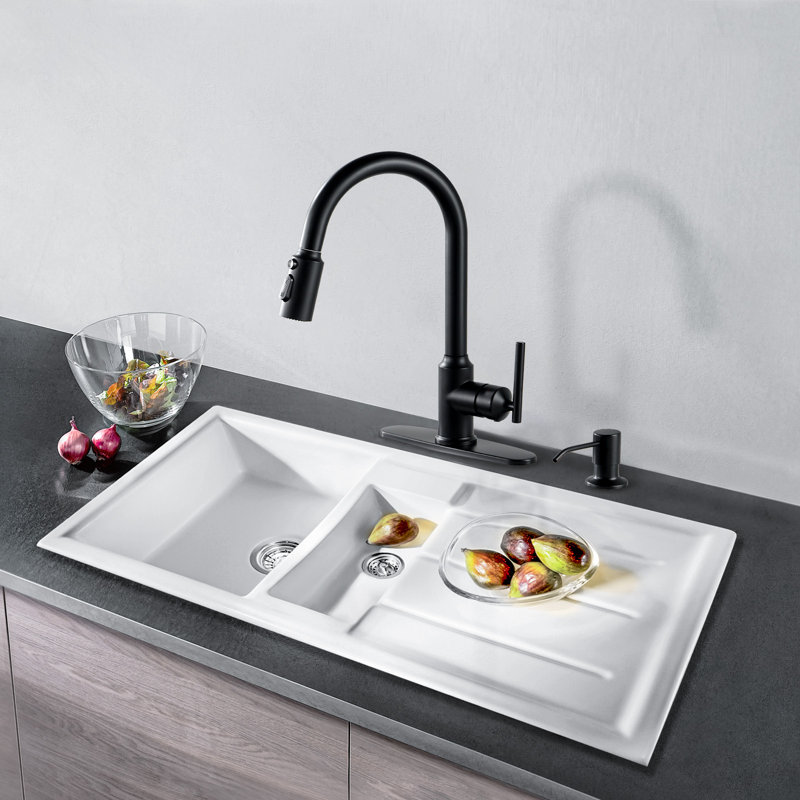 15,3 po Robinet de cuisine à poignée simple avec douchette extractible 360 ° et distributeur de savon noir mat