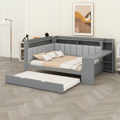 All-in-One Sleep and Study Daybed with Upholstered Backrest, Bookcase, Pull-Out Guest Bed, Power Hub, and Ambient LED Strips