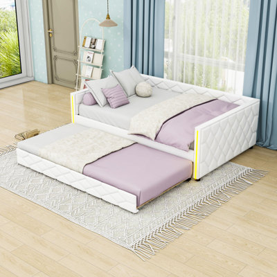 Upholstered Full XL Daybed with Twin Trundle, LED Light and Center Legs