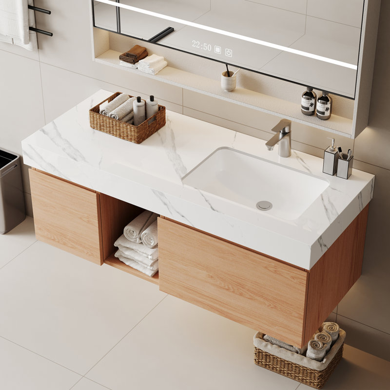 Meuble-lavabo mural simple 47,6 po avec 2 tiroirs flottants modernes en bois massif, Chêne, Blanc, 48"