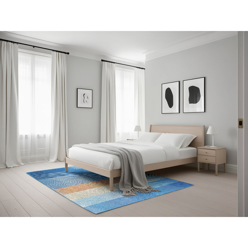 Tapis rayé bleu / orange Reisman, Rectangle 5 pi x 7 pi