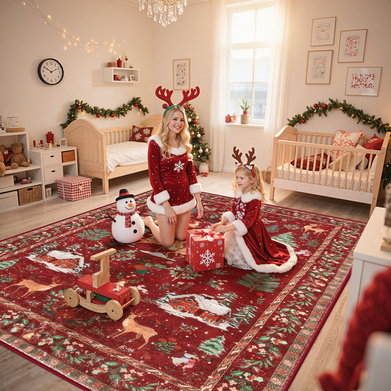 Laurica Christmas Reindeer Sleigh Washable, Rectangle 8' x 10'