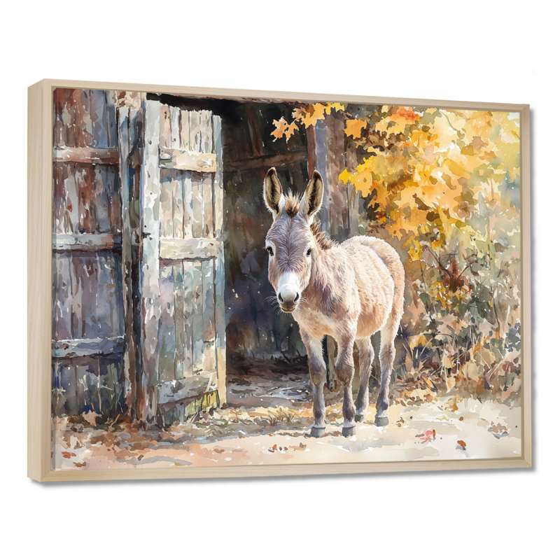 Dunnum Donkey S Path Tot Hye Barn II - âne, art mural, H 12 po x l 20 po, Cadre flottant, Brun