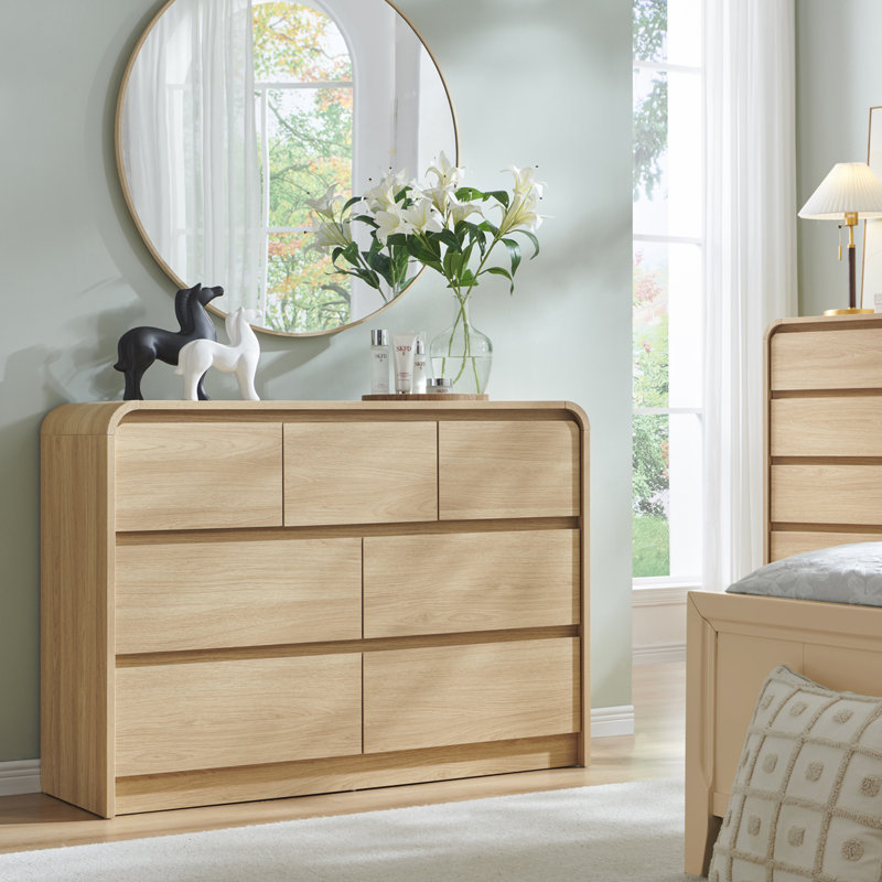 Maud Modern 7 Drawers Dresser for Bedroom, 47" Wide Wood Dressers & Chests of Drawers w/Curved Profile Design, Natural