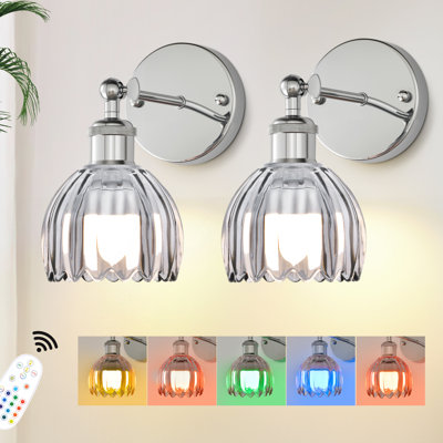 Multi-Color Rechargeable Silver & Grey Tulip Glass Wall Sconces,Rgb Dimmable Wireless Wall Sconces (Set Of 2)