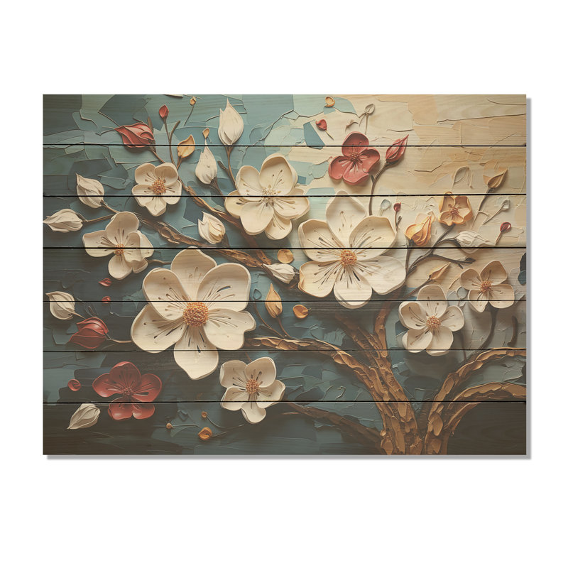Arbre dynamique à pétales blancs et roses IV - Floral abstrait sur bois, H 30 po x l 40 po