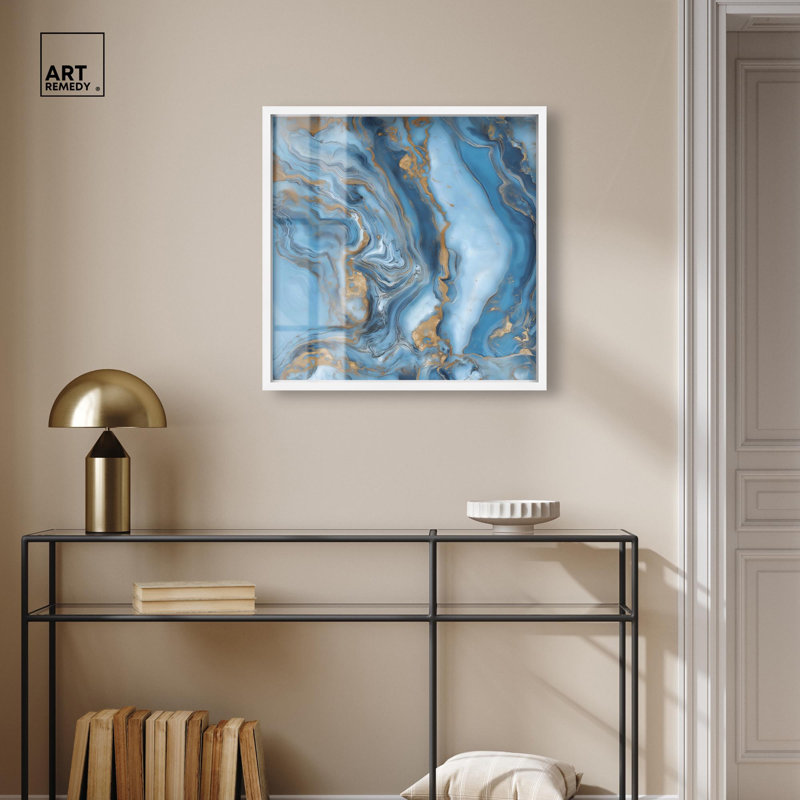 «River Gold Shadowbox Print», art abstrait bleu par Art Remedy, H 25 po x l 25 po, Blanc