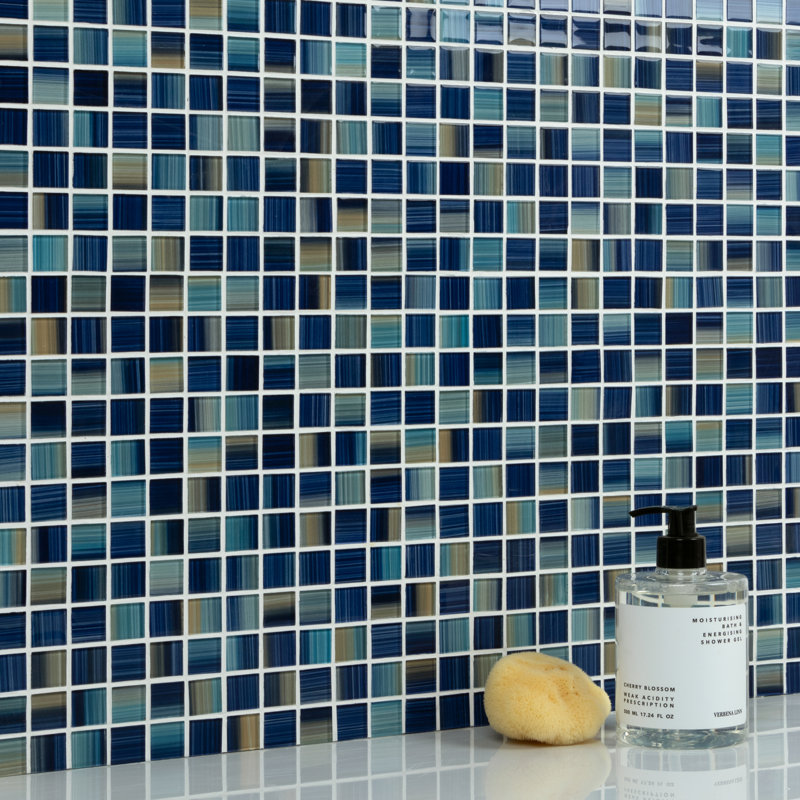 Swimming Pool 0.9" X 0.9" Straight Edge Glass Mosaic Tile, Aquatic Blue