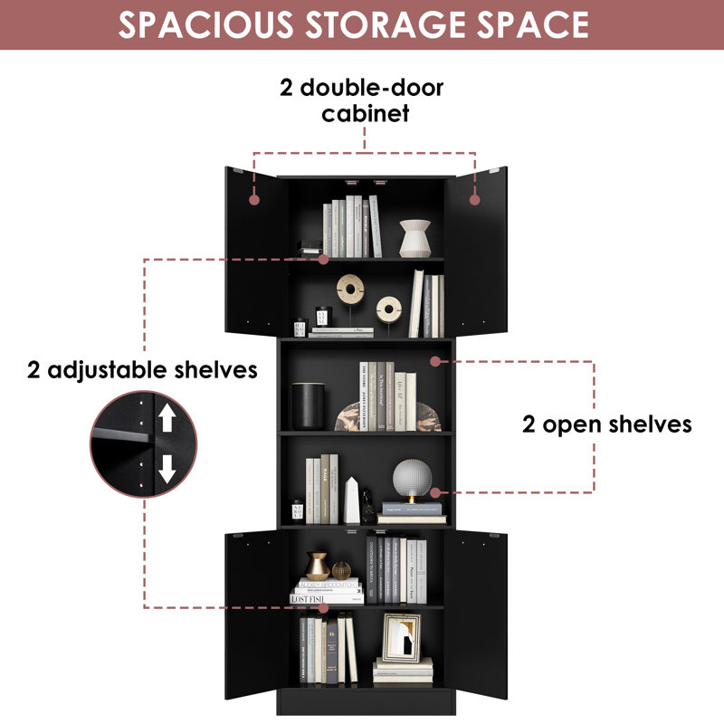 Azarias 71" H x 23.6" W Standard Bookcase with 4 Doors and Adjustable Shelves, Black