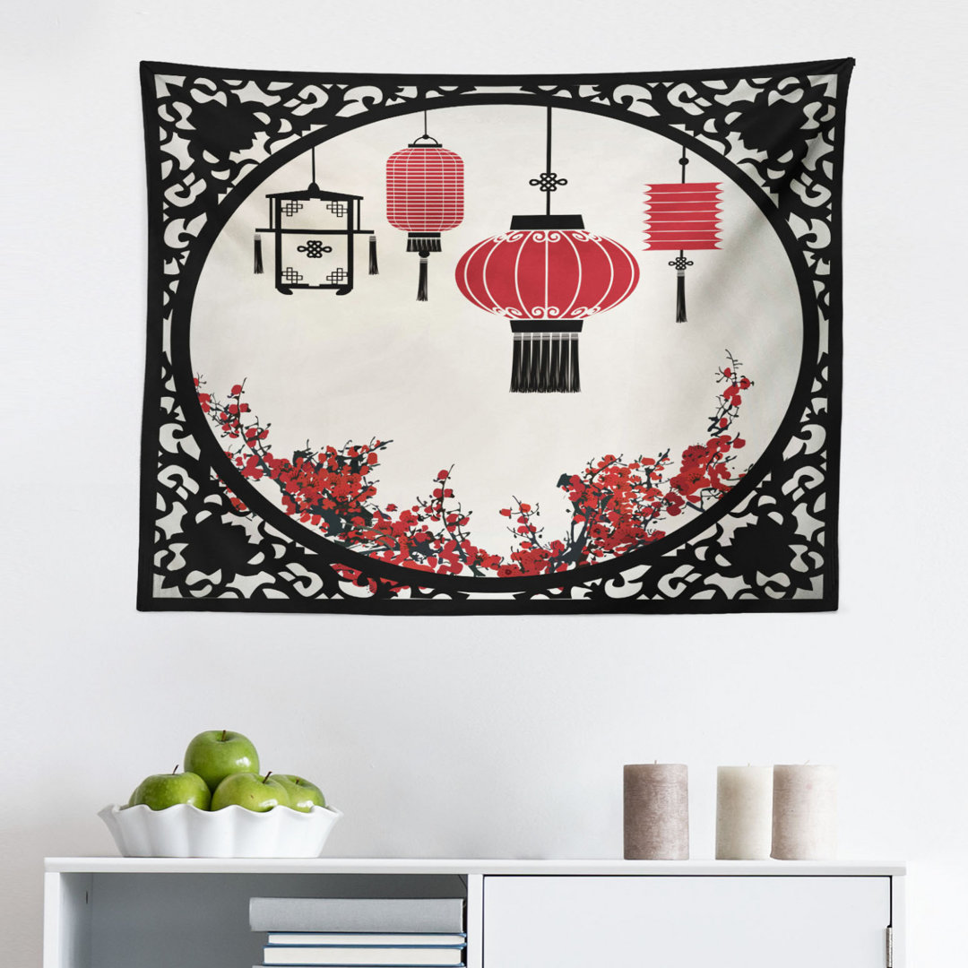 Wandbehang East Folk Art mit japanischen Sakura Kirschblütenbäumen Runde verzierte Grafik