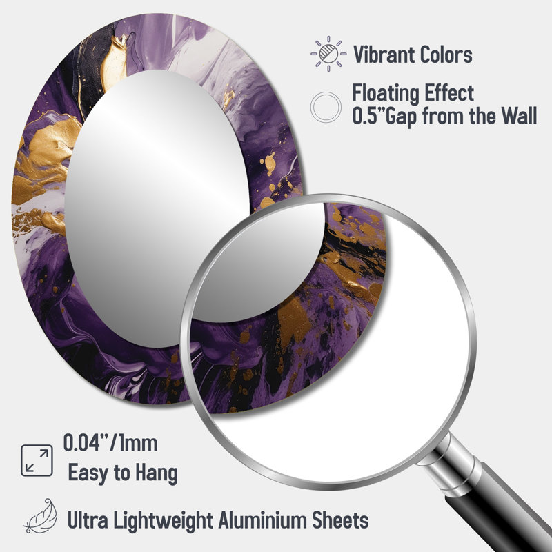 Mauve et or liquide Magic II - grand miroir mural ovale sur métal, 40 po x 30 po