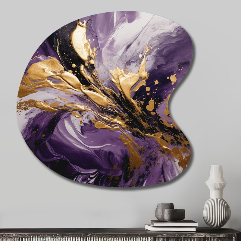 «Mauve et or liquide Magic II», impression murale abstraite asymétrique mauve en métal, H 27 po x l 27 po