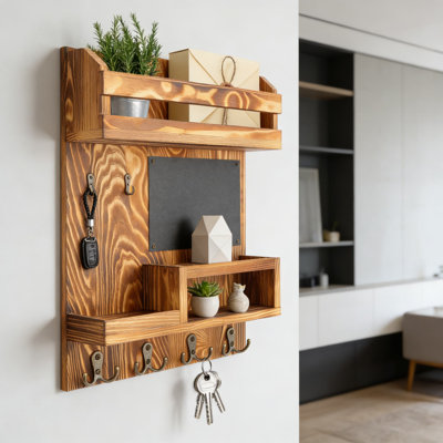 Large Wall Mounted Key Holder And Mail Organizer With Chalkboard, Wood Entryway Storage Solution For Keys, Mail, And Notes