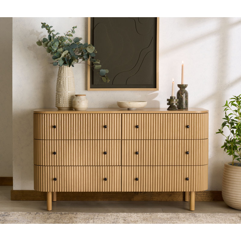 Shelbie 6 Drawer Reeded Dresser, Oak