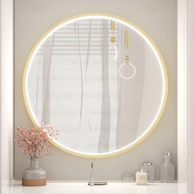 Fantina Round 3 Color Adjustable LED Metal Framed Wall Mirror with Anti-fog, 24" x 24", Gold