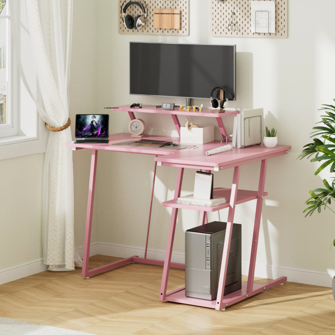 L-shaped Gaming Desk with Monitor Stand and Headphone Hook