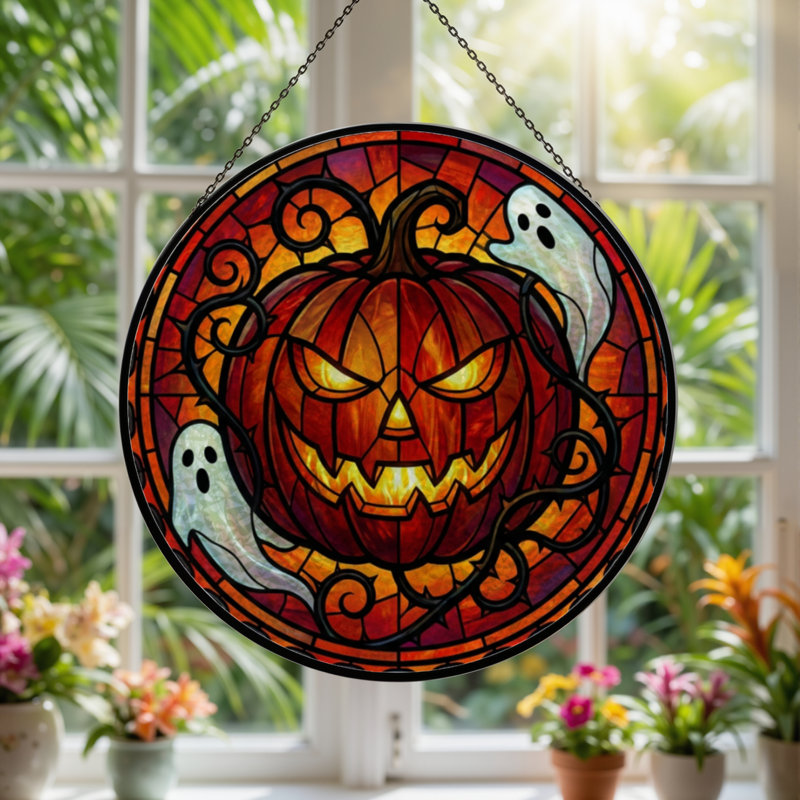 12"H Pumpkin Ghost Stained Glass Window Panel