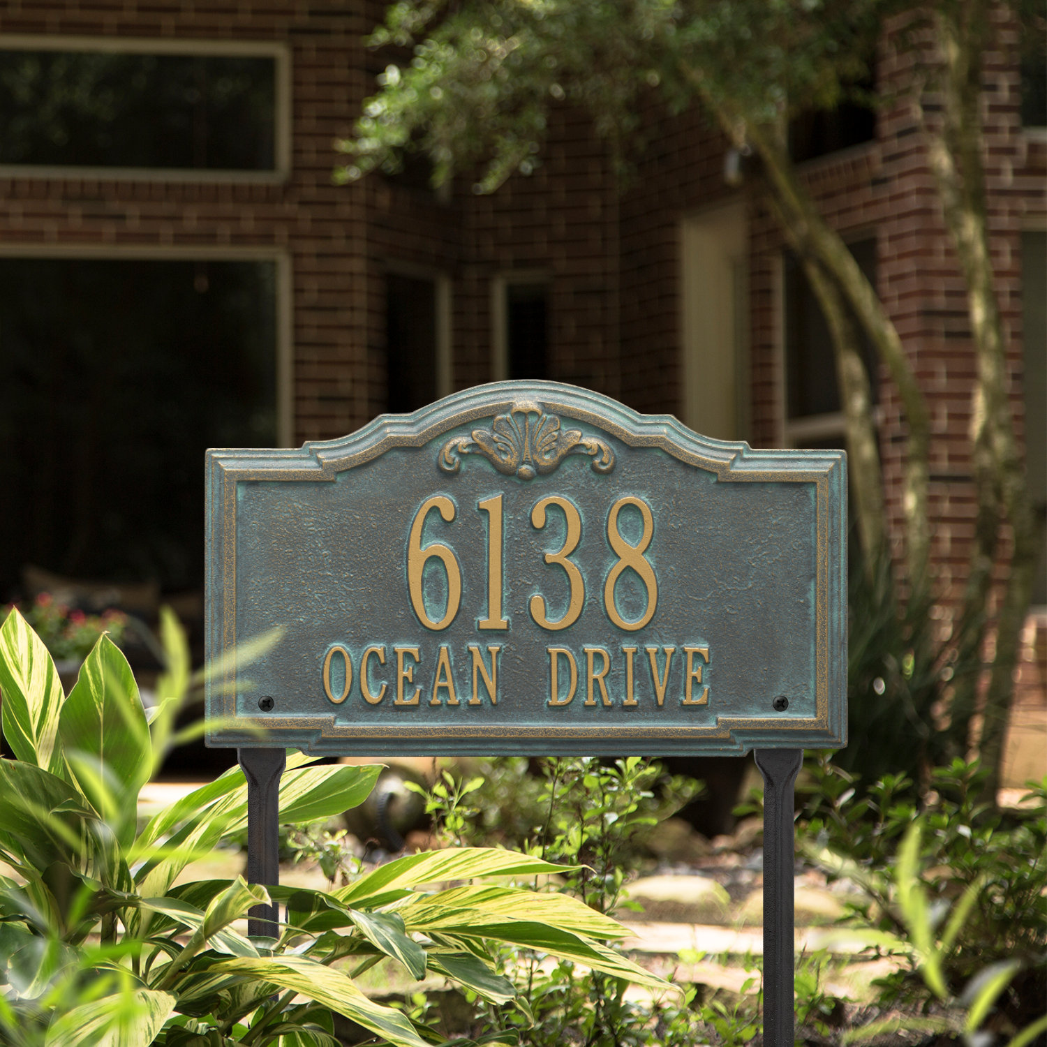 Gatewood 2-Line Lawn Address Sign, Bronze/Verdigris, Yes