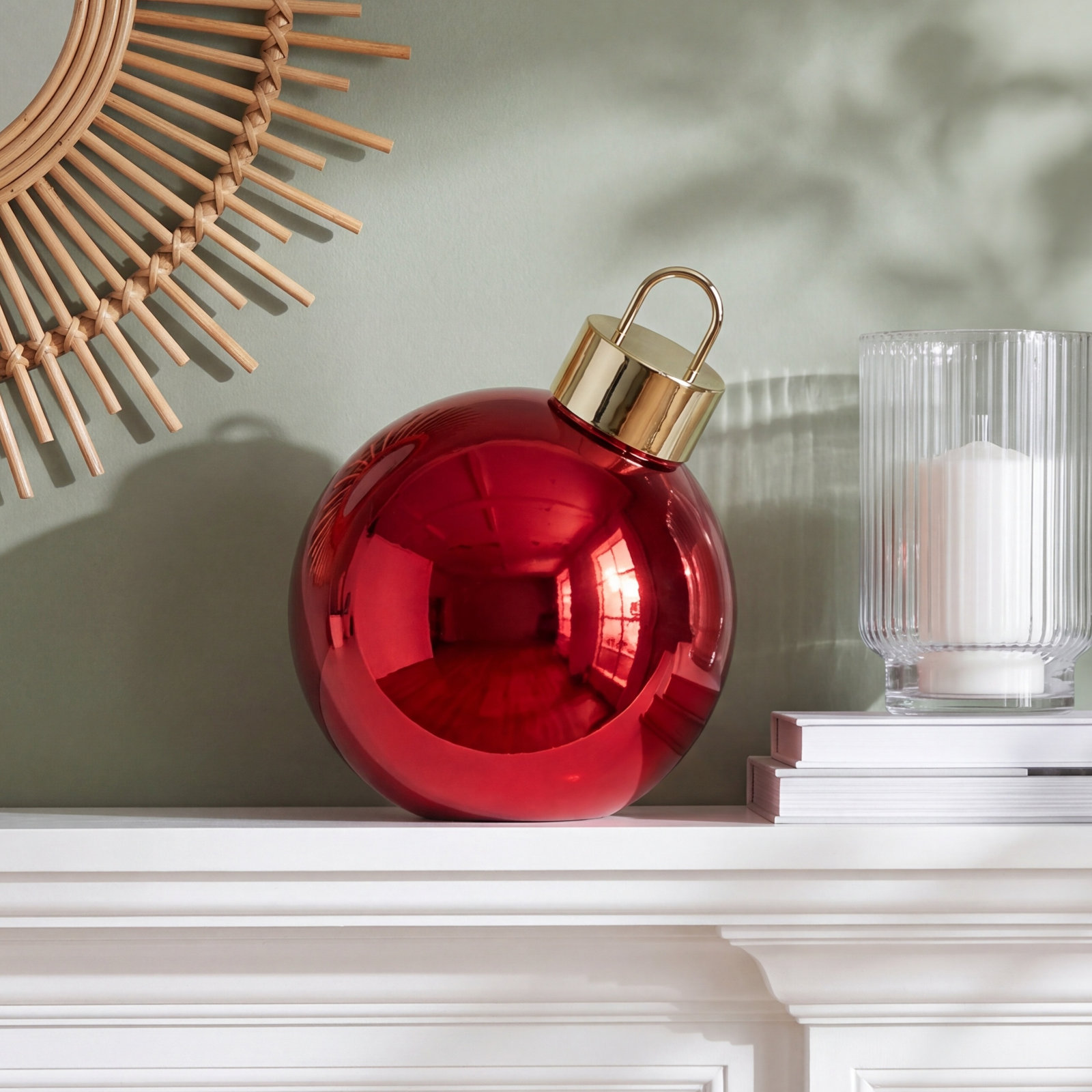 Lighted Glass Slanted Ball Christmas Ornament, 9.75" H x 9.75" W x 9.75" D, Red