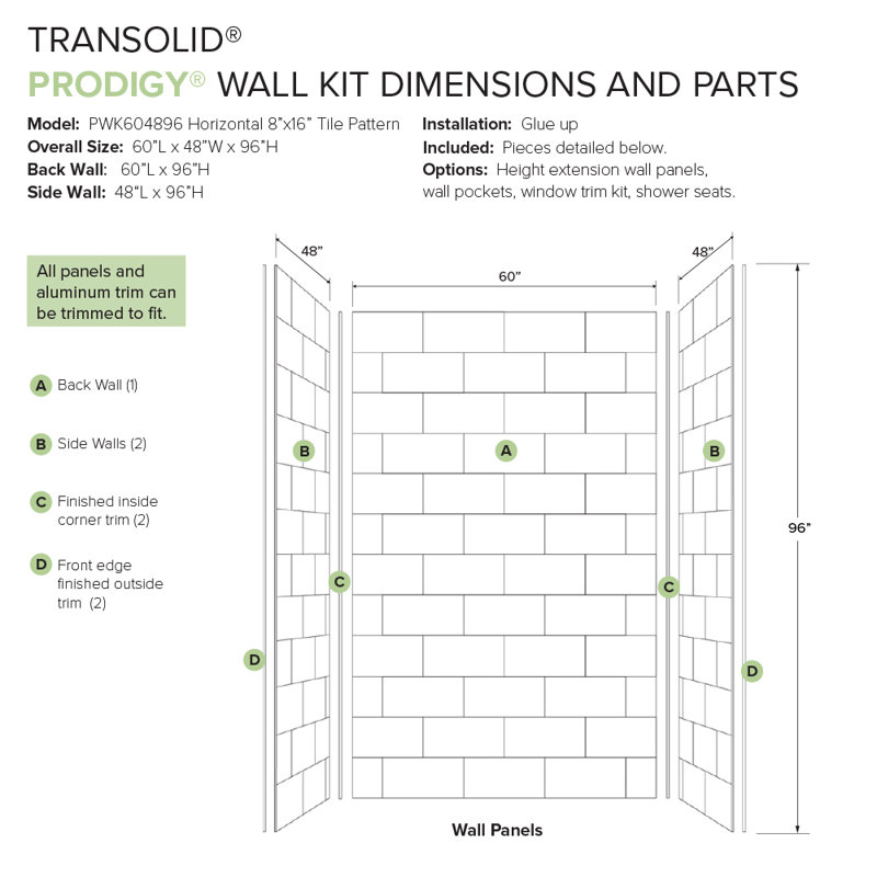 Ensemble de mur de douche 60 po x 48 po x 96 po Prodk, carrelage horizontal blanc, H 96 po x l 60 po x P 48 po