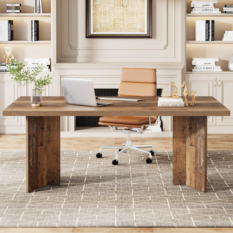 63" Farmhouse Executive Desk – Vintage Wood Computer Workstation With Thickened Tabletop, Large Writing & Conference Table For Home Office Or Study