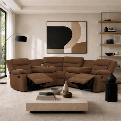 Emlin Reclining 104'' Modern Upholstered Manual Reclining Sectional Sofa Drop Down Table Cup Holders