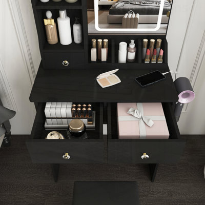 Petit meuble-lavabo moderne avec 3 lumières DEL, luminosité réglable, 3 tiroirs, tablettes ouvertes, support pour sèche-cheveux et fauteuil