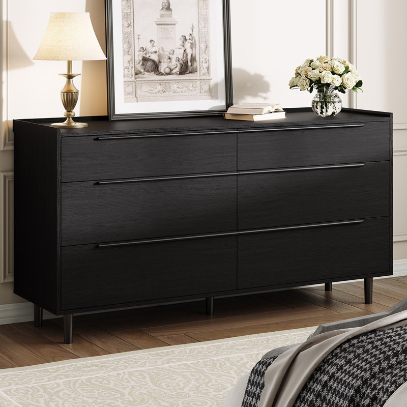 Modern Minimalist 6-Drawer Dresser, 60" Wide Black Storage Cabinet