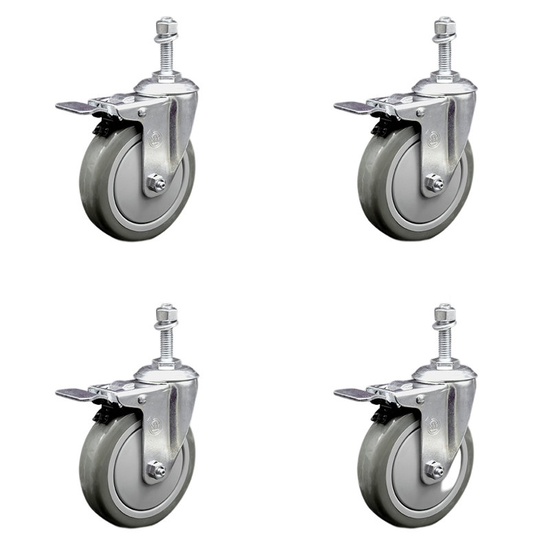 5 Inch SS Gray Polyurethane 3/8 Inch Threaded Stem Caster Set Total Lock Brake
