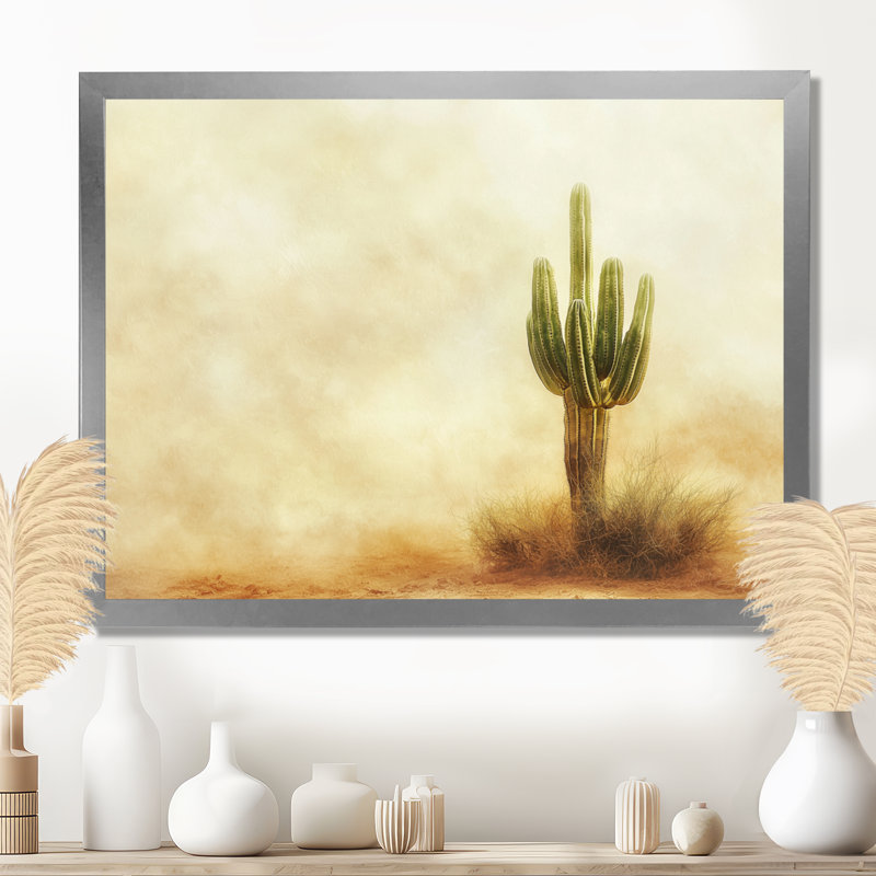 Cactus tempête de sable I - art mural cactus, H 16 po x l 32 po, Cadre simple, Argent argent